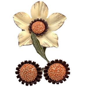 Vintage Floral Earrings Brooch Set Midcentury Enameled Metal